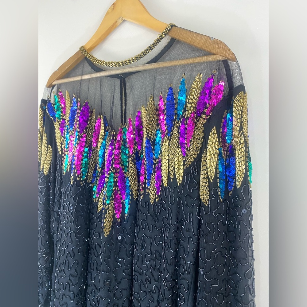 Vintage Erica Louis Beaded Silk Dress – Black Sequin Long Sleeve Elegant Gown - Picture 6 of 13